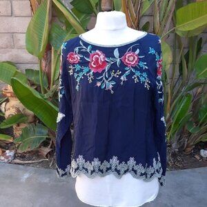 Johnny Was extra small navy blue long sleeve floral embroidered blouse